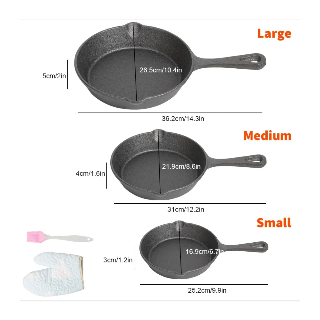 3-Piece Pre-Seasoned Cast Iron Frying Pan Set with Brush & Gloves – Skillet Griddle for Hob and Oven, Black