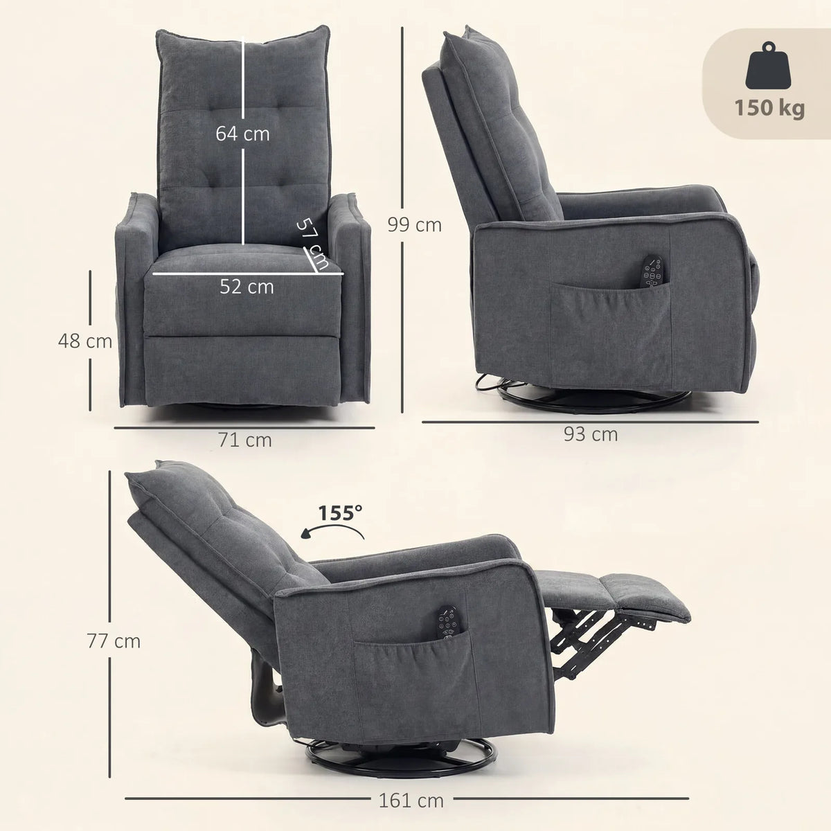 HOMCOM Chenille Recliner Armchair with Massage and Heat, 360° Swivel and Rocking – Manual Recliner, Dark Grey