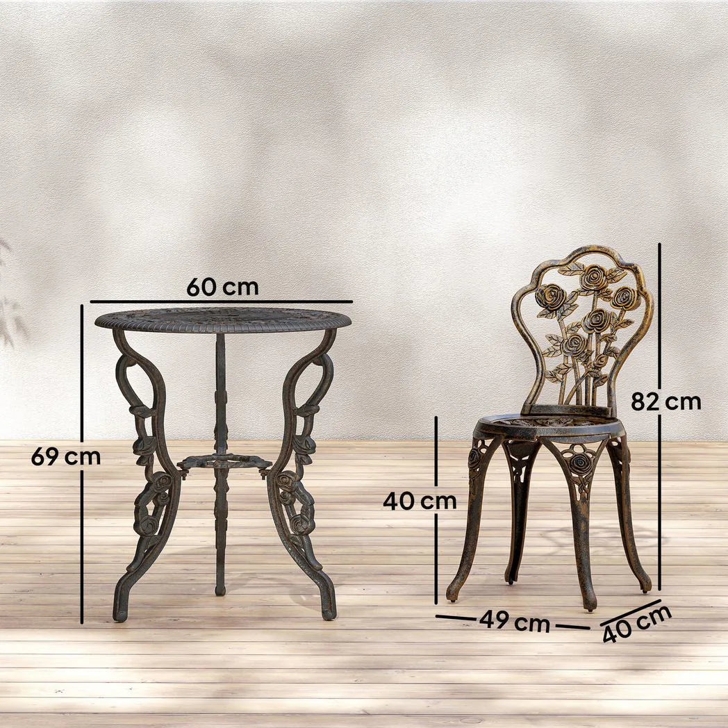Outsunny 3 Piece Cast Aluminium Bistro Set with Parasol Hole – Antique Floral Table and 2 Chairs, Brown Tone