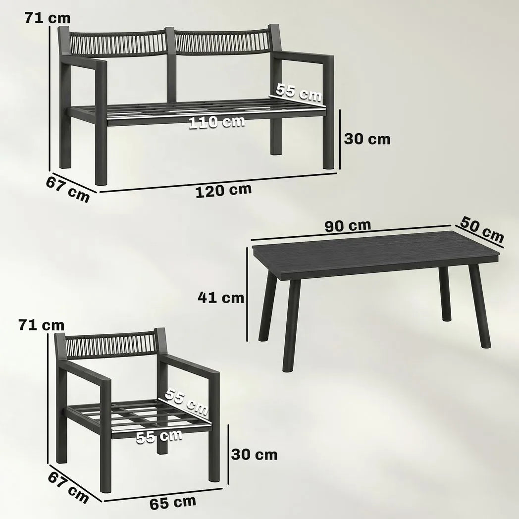 Outsunny 4 Seater Rattan Garden Set with 2 Armchairs, Loveseat, Coffee Table and Cushions – Dark Grey