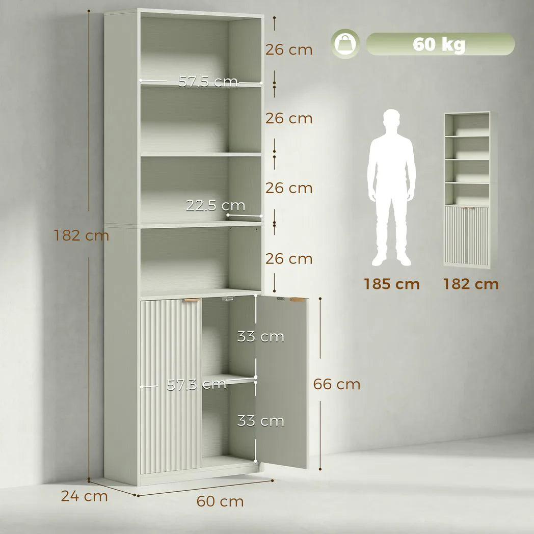 HOMCOM Slim 6-Tier Bookcase with Double-Door Cabinet and Anti-Tip Hardware – Adjustable Shelf, Light Green