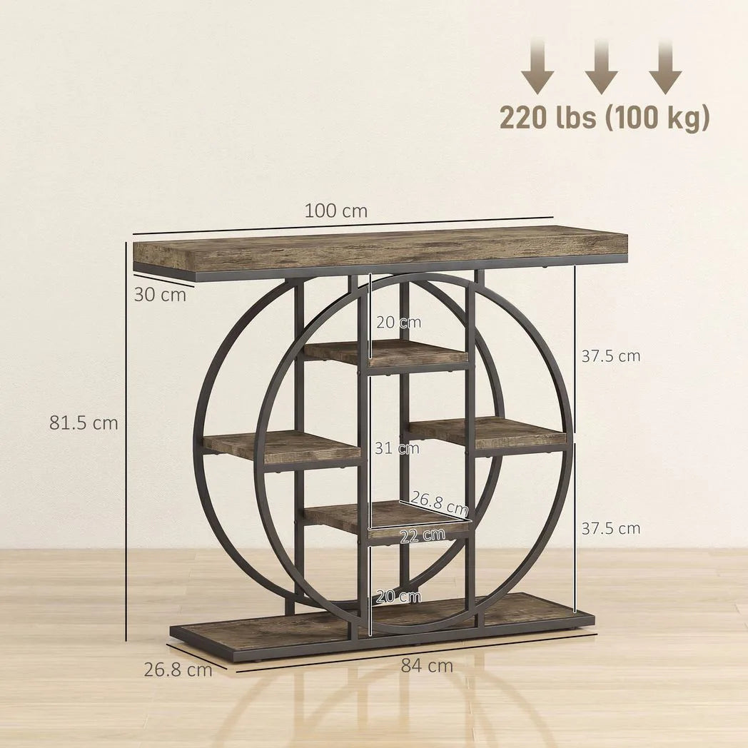 HOMCOM Industrial Console Table with 6 Open Shelves – Hallway Entryway Table with Metal Frame, Rustic Brown