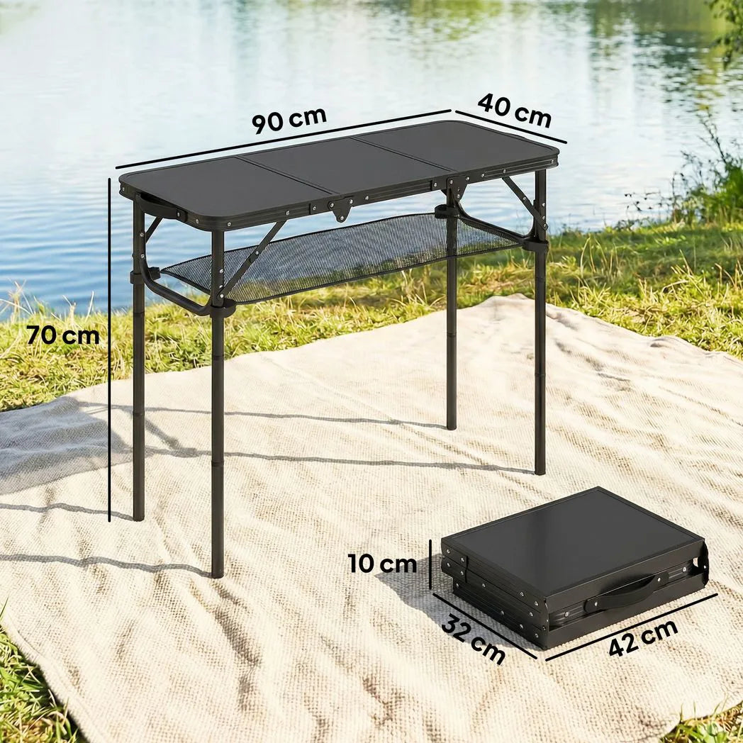 Outsunny 3ft Folding Camping Table with Mesh Storage Layer and Carry Bag – Tri-Fold Aluminium Picnic Table, Black