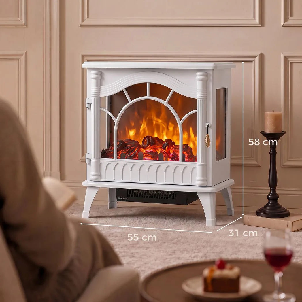 HOMCOM 3-Sided Glass Electric Fireplace Stove with 1000W/2000W Settings and Flame Effect – White