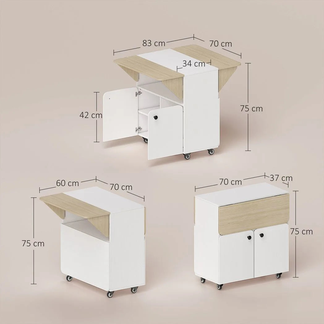 HOMCOM Folding Dining Table with Hidden Shelf & Cabinet, Rolling Drop Leaf – Space-Saving, White