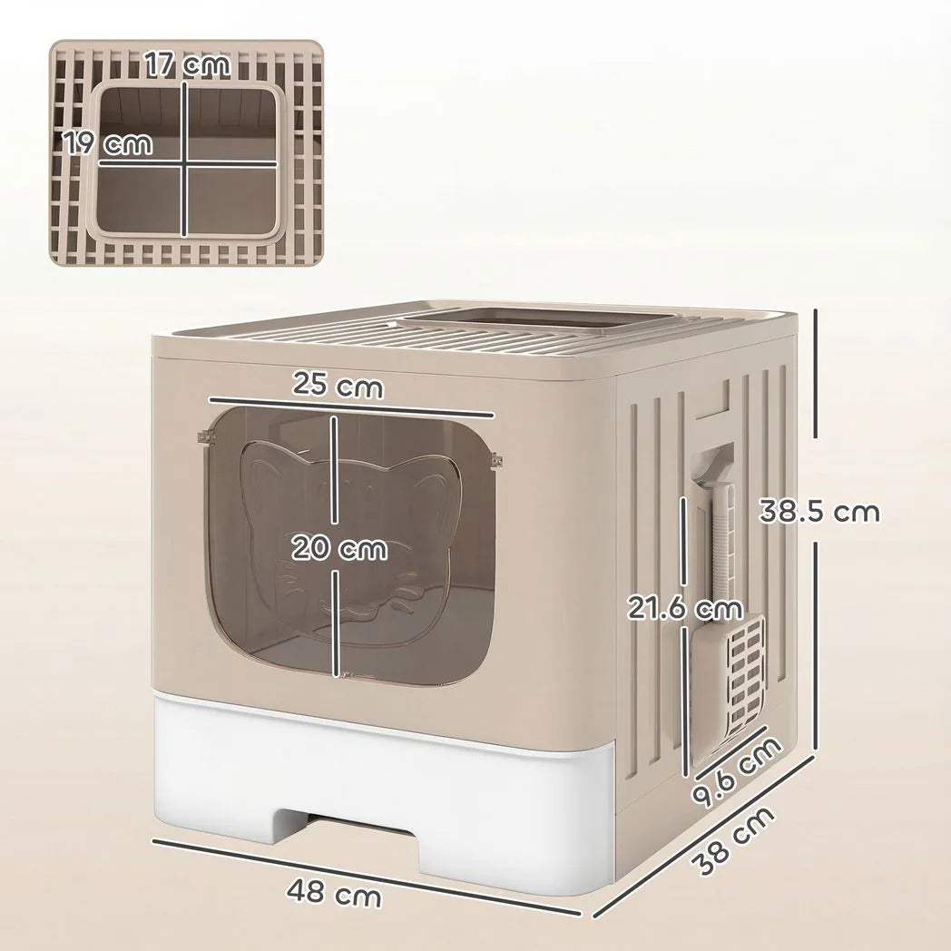 PawHut Cat Litter Box with Lid, Slide-Out Drawer and Scoop – Odour Control, Anti-Splashing, Khaki