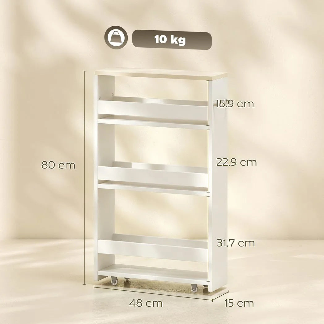 kleankin 4-Tier Slim Storage Cart with Wheels & Handle – Compact Rolling Trolley, 48W x 15D x 80H cm, White