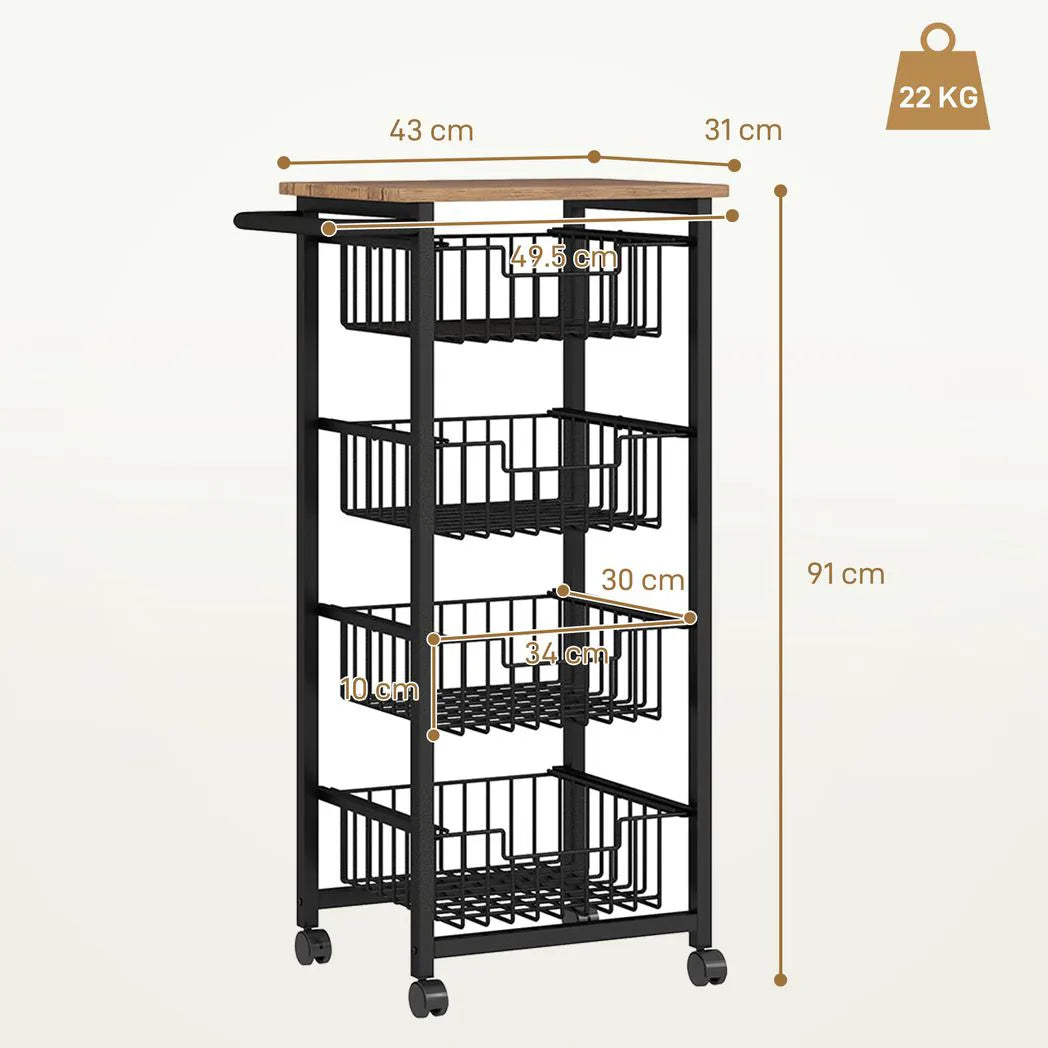 HOMCOM Four Basket Mobile Kitchen Island Trolley with Brakes – Steel Frame Storage Cart, Oak/Black