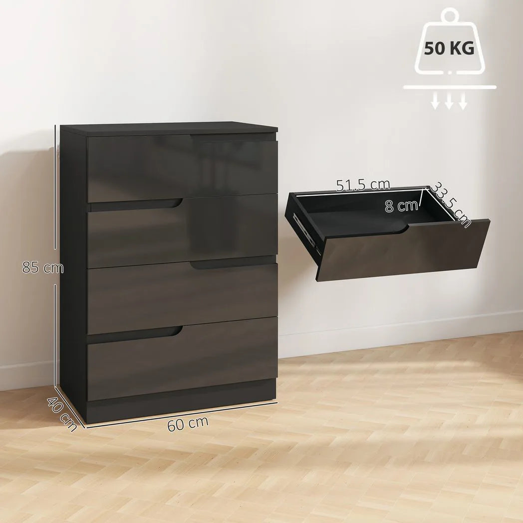 HOMCOM Four-Drawer Chest of Drawers with High Gloss Fronts and Hidden Handles – Bedroom Storage Dresser, Black