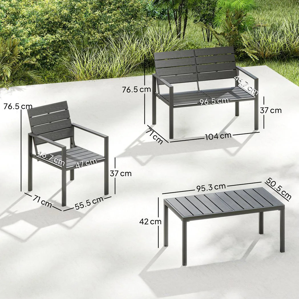 Outsunny 4 Piece HDPE Garden Furniture Set with Loveseat, 2 Armchairs and Coffee Table – Dark Grey