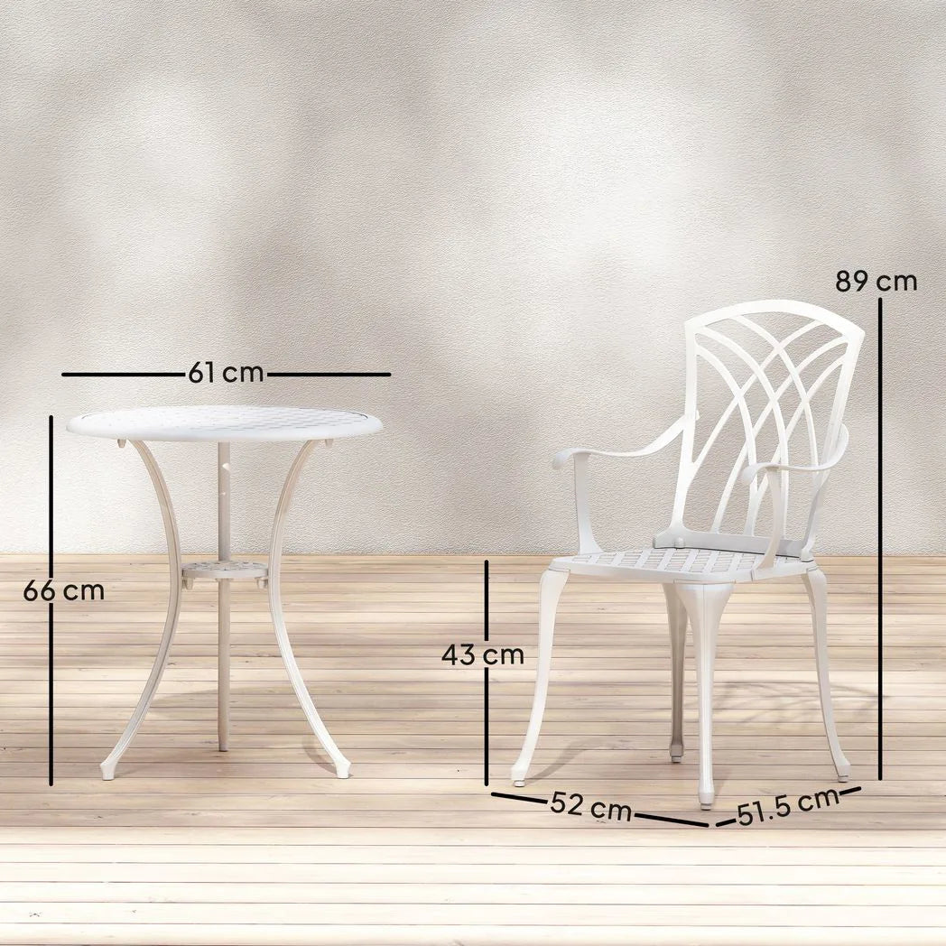 Outsunny 3 Piece Cast Aluminium Garden Bistro Set with 2 Chairs and Round Table with Parasol Hole, White
