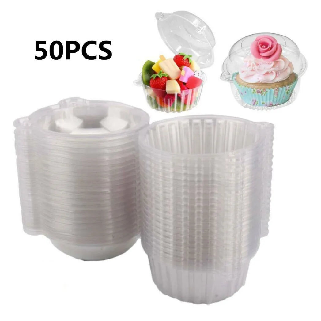 50 Clear Plastic Cupcake Boxes with Dome Lids – Single Cake Holders for Muffins, Parties & Catering