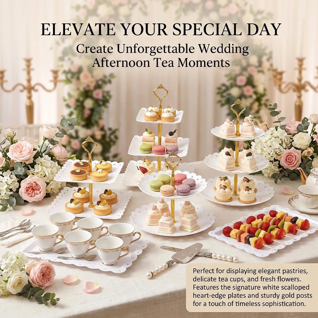 6-Piece Tiered Cake Stand Set for Afternoon Tea, Weddings & Parties – Embossed-Style Plastic Dessert Display, White
