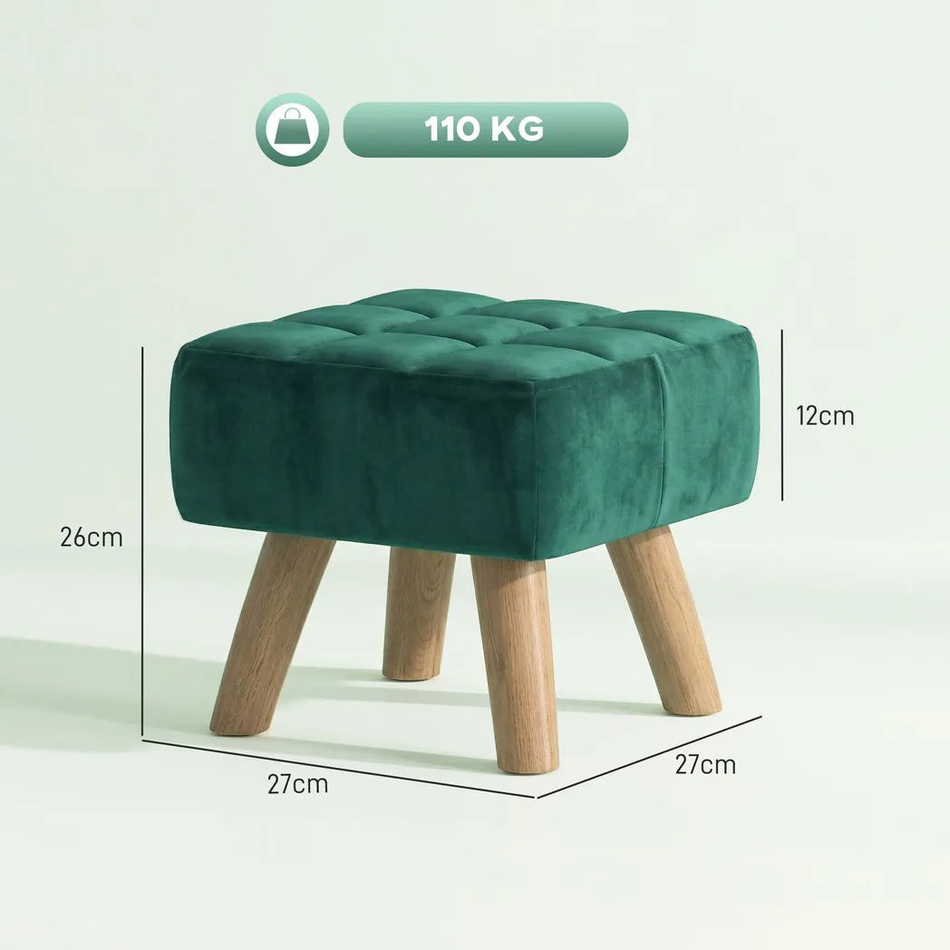 HOMCOM Velvet Square Padded Footstool with Wooden Legs – Leg Rest & Vanity Stool, Dark Green
