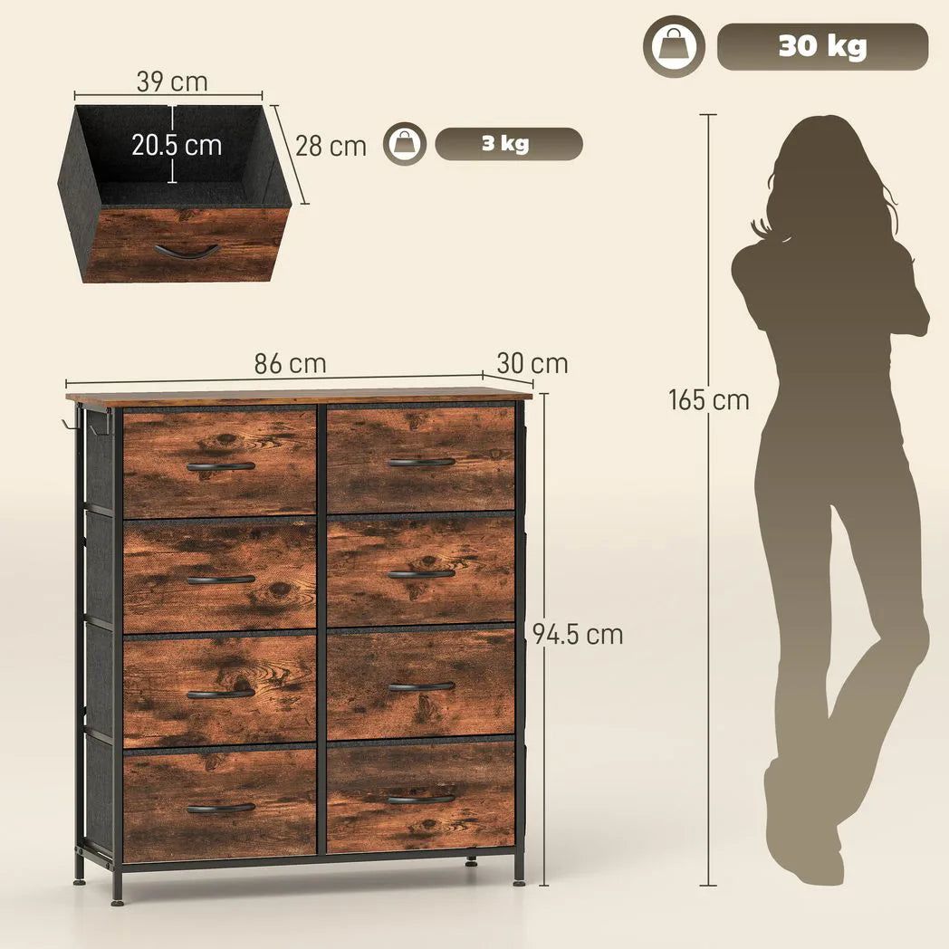 HOMCOM Eight Fabric Drawer Chest with Steel Frame, Pockets and Anti-Tipping Kit – Rustic Brown