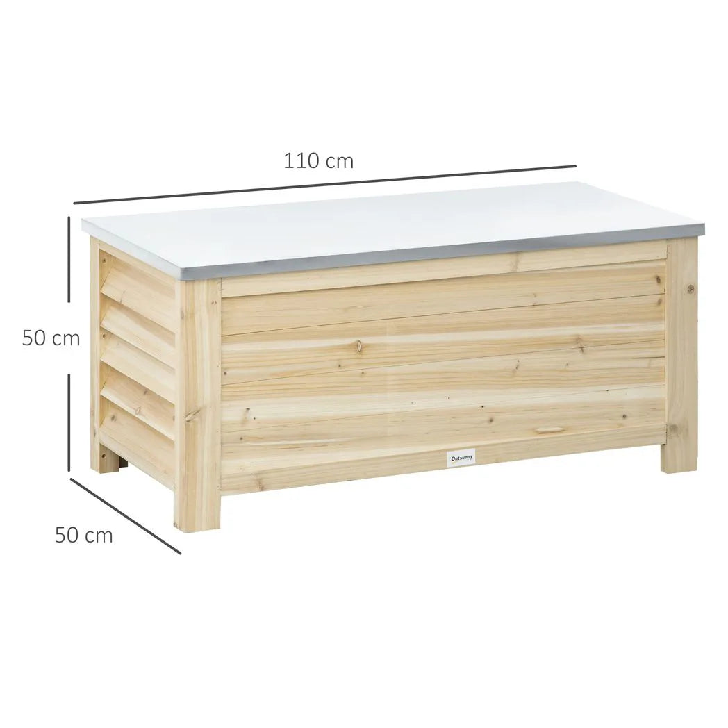 Outsunny 155L Outdoor Storage Box with Galvanised Metal Top and Shutter Walls – Wooden Garden Tool Organiser