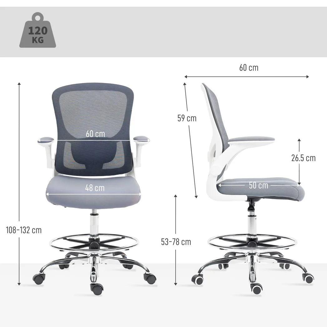 HOMCOM Draughtsman Chair with Adjustable Lumbar & Flip-up Armrests – Mesh Back Drafting Chair, Charcoal grey