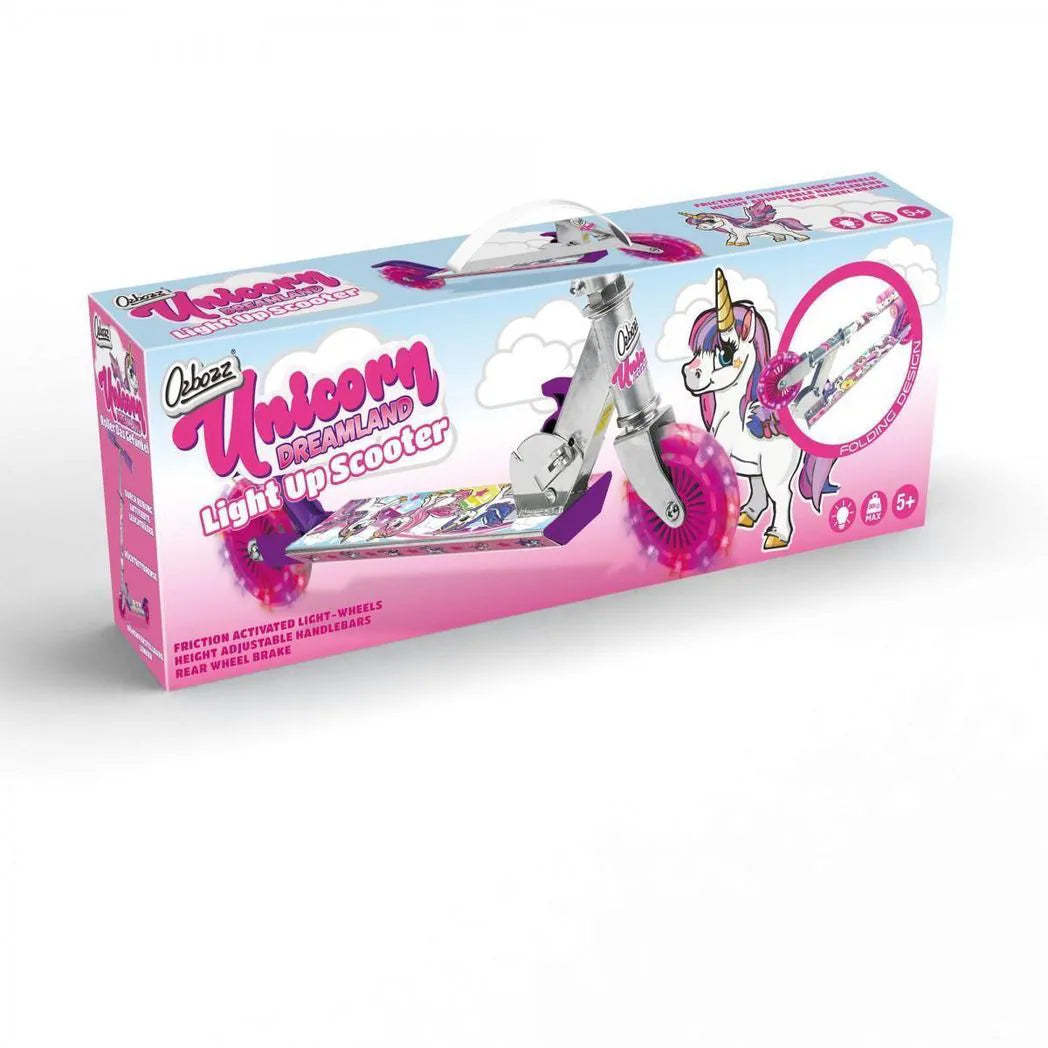 Ozbozz Unicorn Dreamland Push Scooter with 2 Light-Up Flashing Wheels – Outdoor Ride-On for Boys & Girls