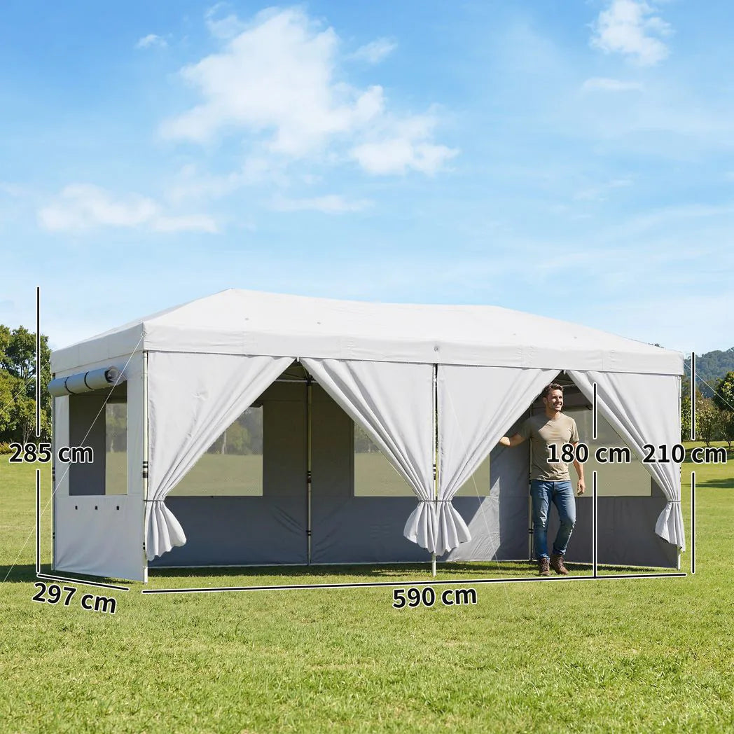 Outsunny 3 x 6m Pop-Up Gazebo with 6 Sidewalls – UV50 Garden Canopy with Mesh Windows and Carry Bag, White