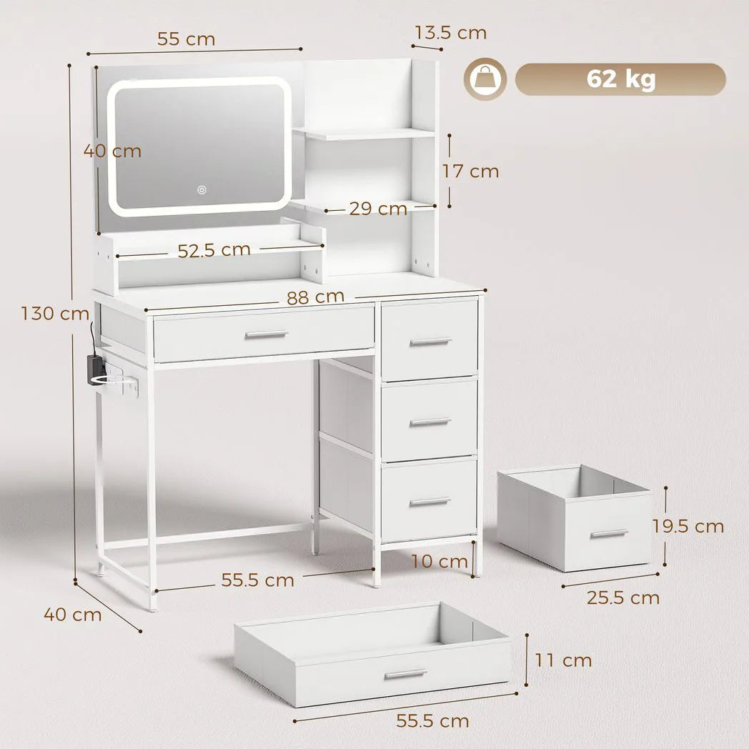 HOMCOM Dressing Table with 3-Colour LED Mirror, Power Outlets, 4 Drawers, 5 Shelves and Hair Dryer Holder