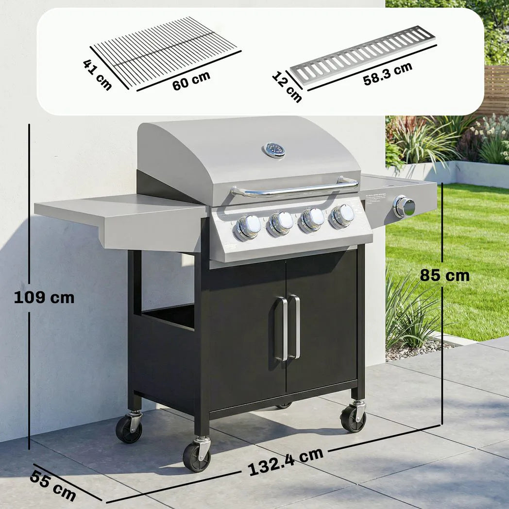 Outsunny 4 Burner Gas BBQ Grill with Side Burner, Lid & Built-in Thermometer – Portable Steel Propane Barbecue on Wheels
