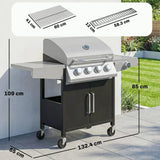 Outsunny 4 Burner Gas BBQ Grill with Side Burner, Lid & Built-in Thermometer – Portable Steel Propane Barbecue on Wheels