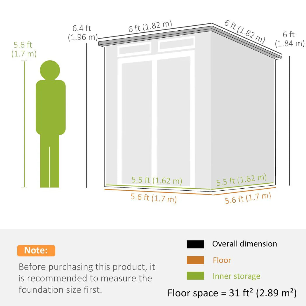 Outsunny 6 x 6ft Wood-Effect Plastic Garden Shed with Floor, Windows & Lockable Doors – Outdoor Storage, Dark Grey