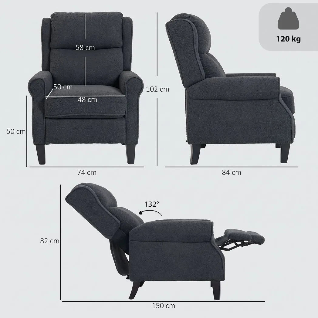 HOMCOM 132° Push-Back Recliner Armchair with Extended Footrest and Steel Frame – Living Room Chair, Dark Grey