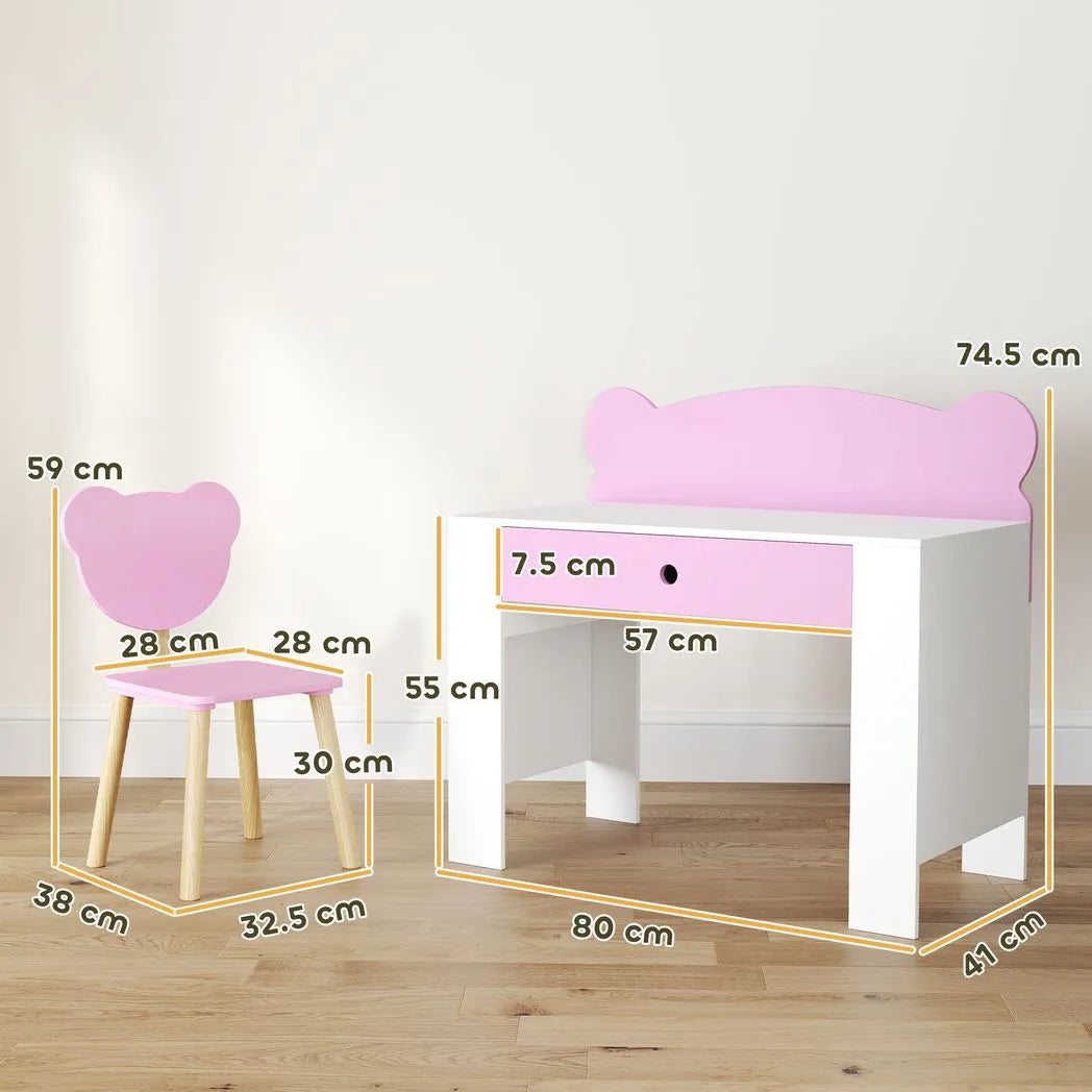 AIYAPLAY Kids Desk and Chair Set with Drawer and Bear Theme – Children's Study Table for Bedroom or Daycare, Pink