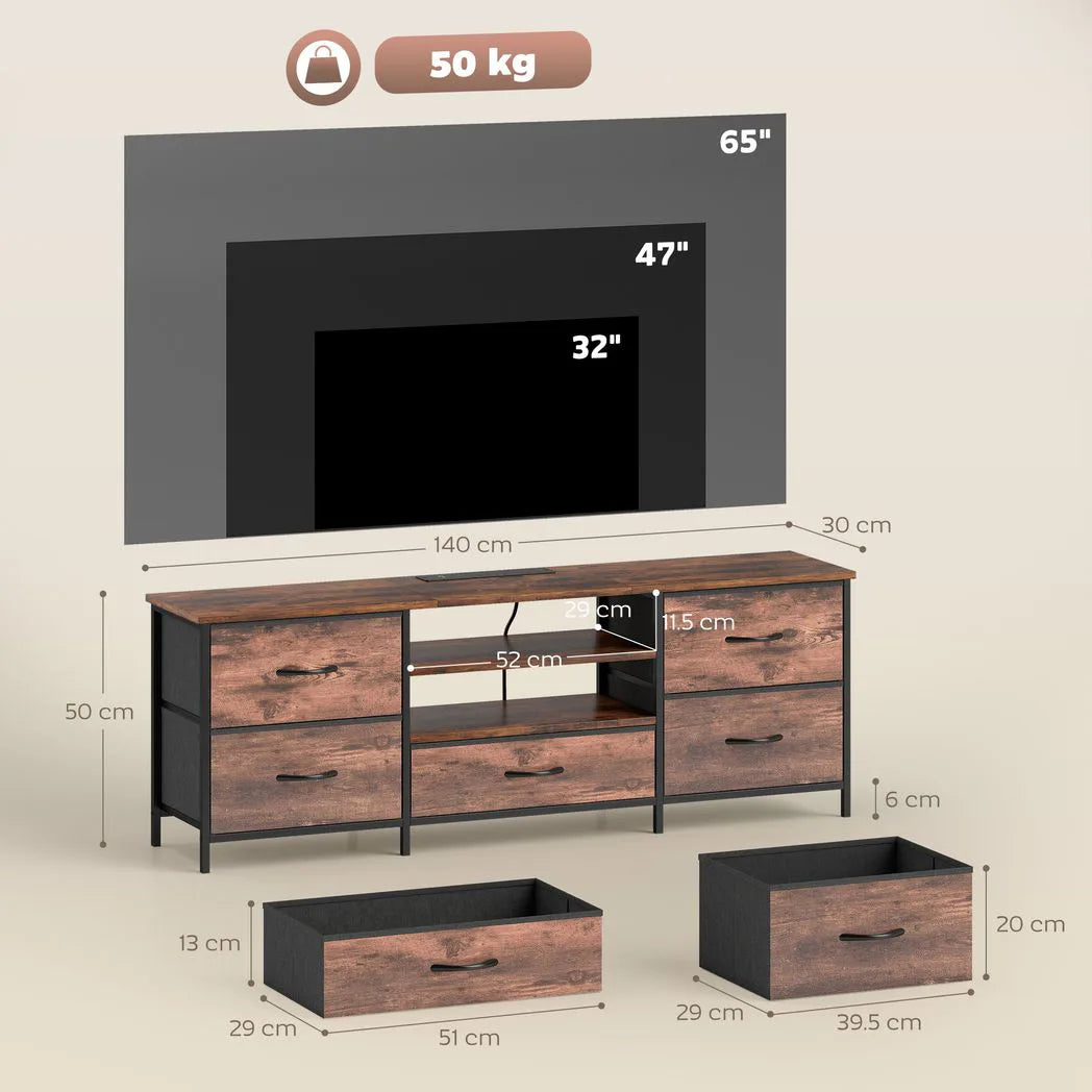 HOMCOM Industrial TV Stand with Charging Hub and 5 Fabric Drawers – Media Unit for 65 Inch TVs, Brown/Grey