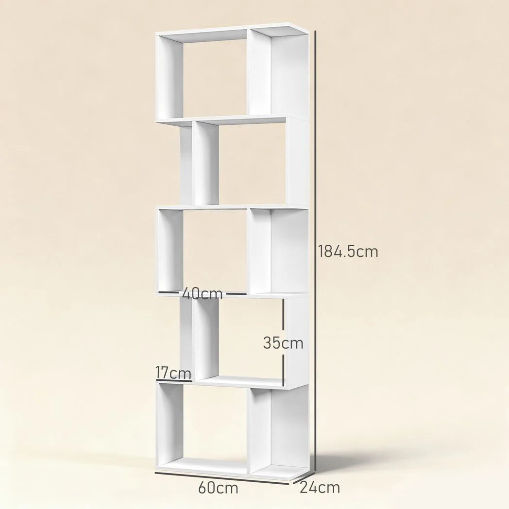 HOMCOM S-Shaped 5-Tier Bookcase, Freestanding Wooden Bookshelf – Home Office Display Storage Rack, White