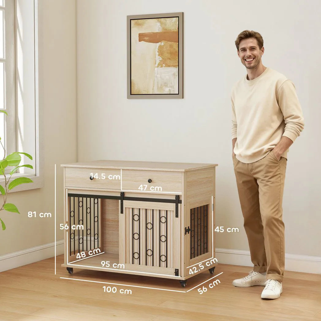 PawHut Dog Crate Furniture on Wheels with Two Drawers – Side Table Kennel for Medium and Large Dogs, Oak