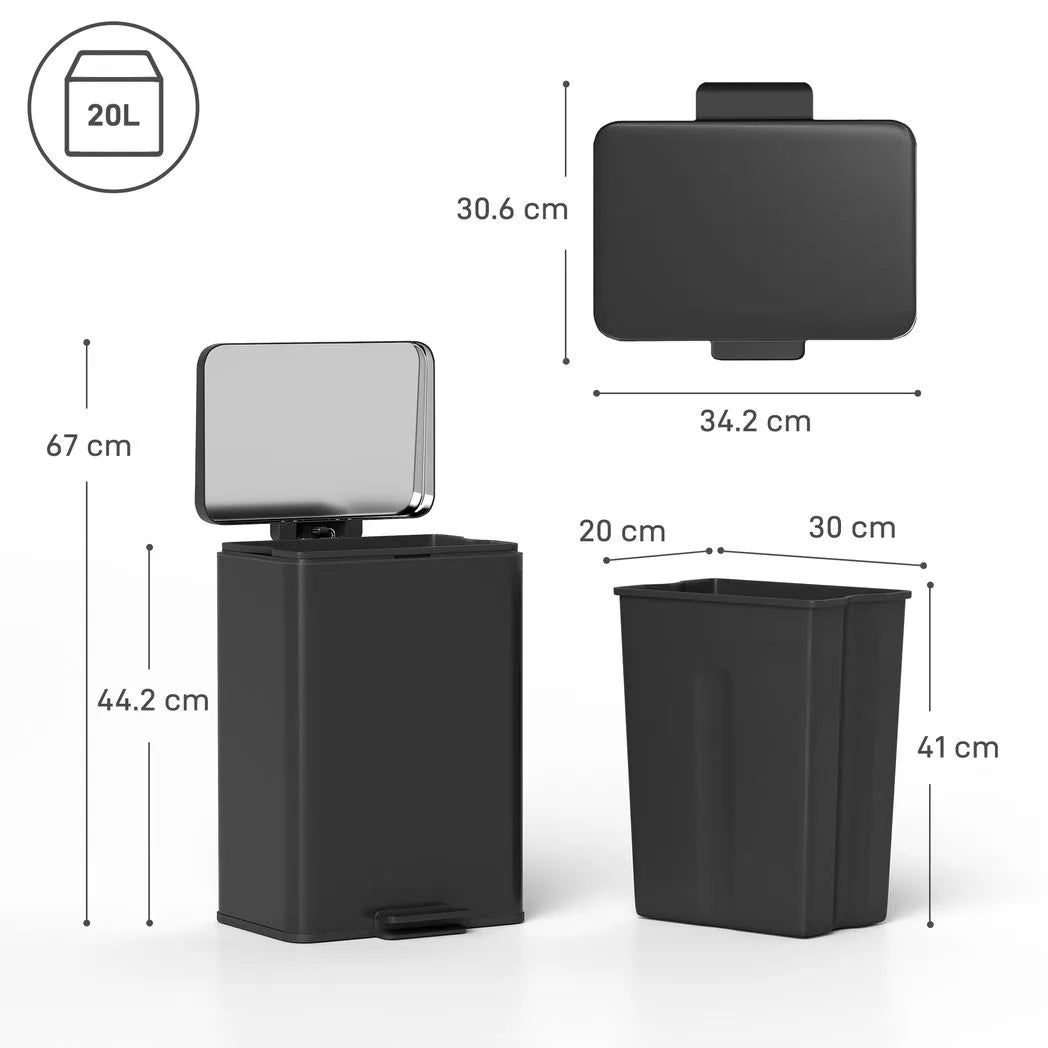 HOMCOM 20L Stainless Steel Kitchen Pedal Bin with Soft-Close, Stay-Open Lid and Removable Bucket, Matte Black