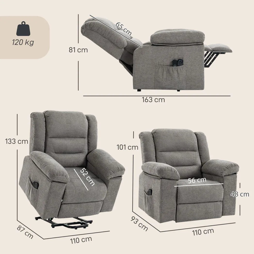 HOMCOM Oversized Riser Recliner Chair with Massage and Heat, Power Lift, Wide Seat and Back, Grey