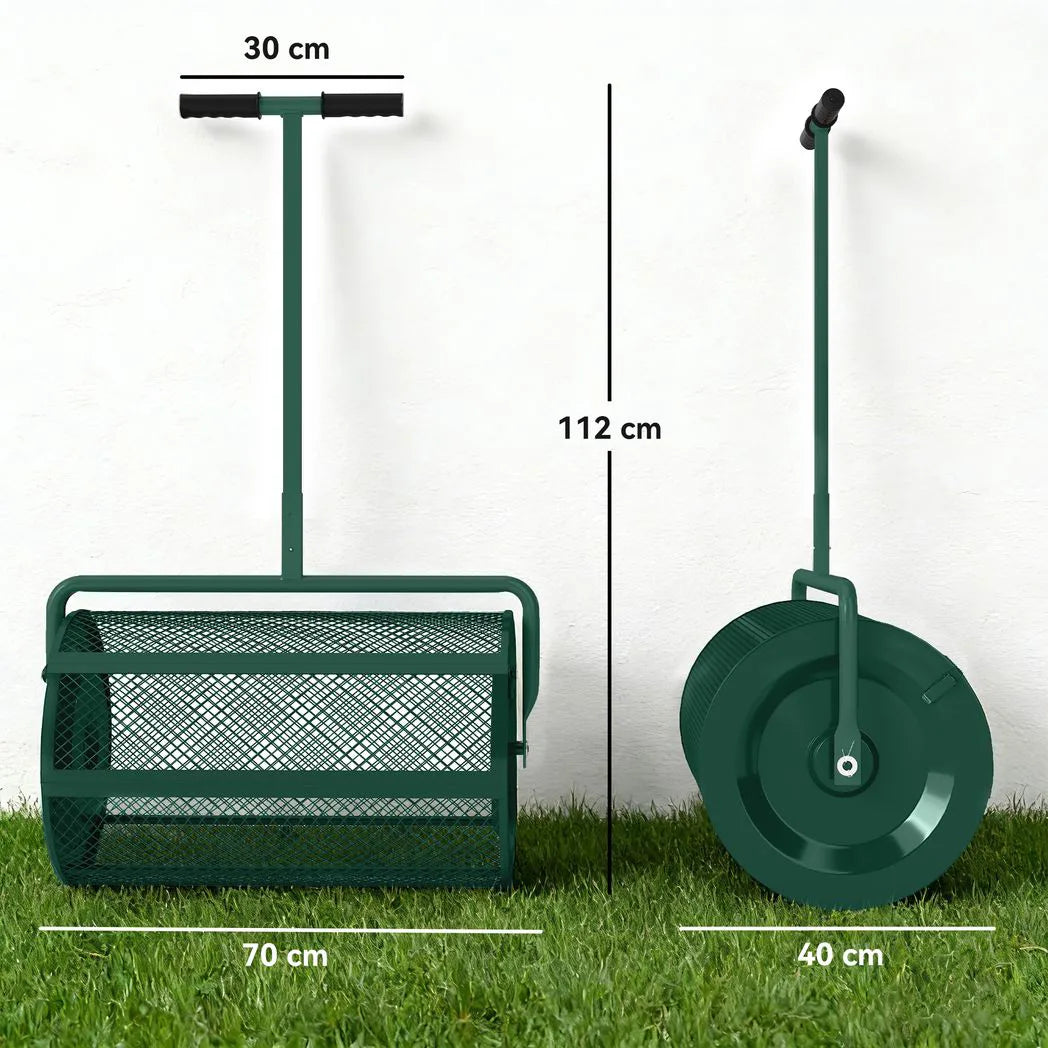 Outsunny 24" Compost Spreader with 75L Mesh Basket & Adjustable T-Handle – Peat Moss & Seed Garden Roller, Green
