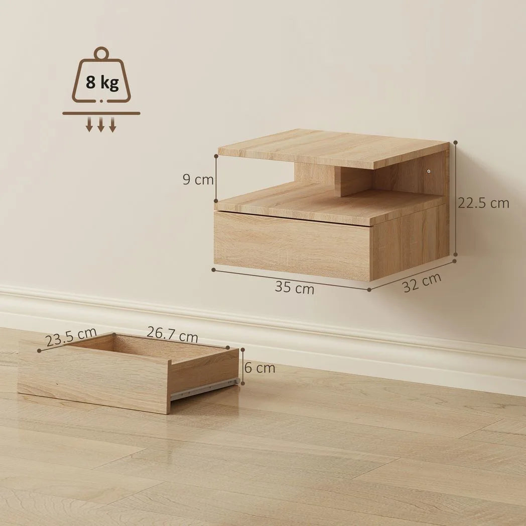 HOMCOM Set of Two Floating Bedside Tables with Handle-Free Drawer & Open Shelf – Wall-Mounted Nightstands, Oak
