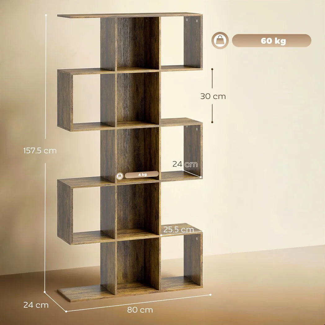 HOMCOM 5-Tier S-Shaped Geometric Bookcase with 15 Compartments – Slim Display Shelf with Anti-Tip Hardware, Rustic Brown