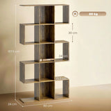 HOMCOM 5-Tier S-Shaped Geometric Bookcase with 15 Compartments – Slim Display Shelf with Anti-Tip Hardware, Rustic Brown
