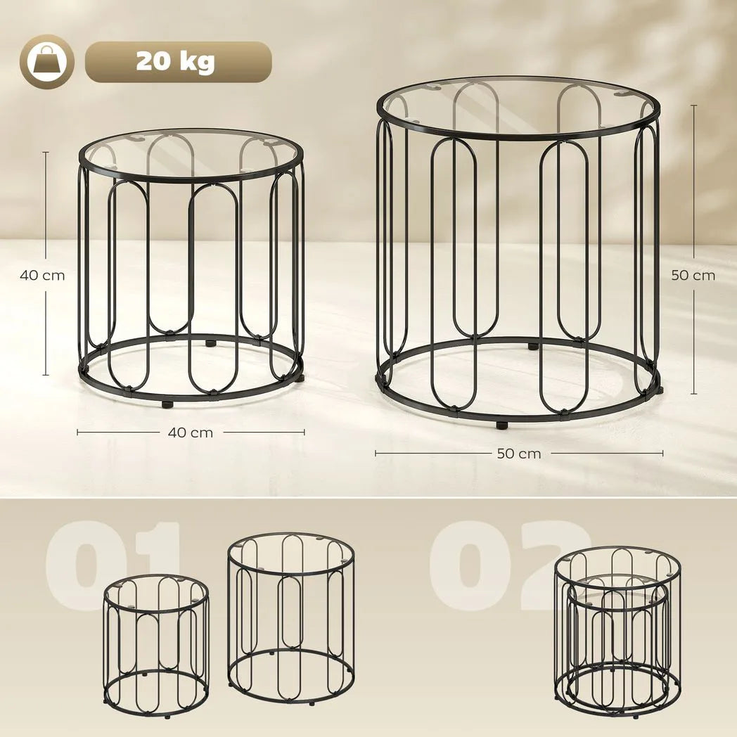 HOMCOM Elliptical Cut-Out Nesting Coffee Tables, Set of 2 with Glass Tops – Sofa Side Tables, Black
