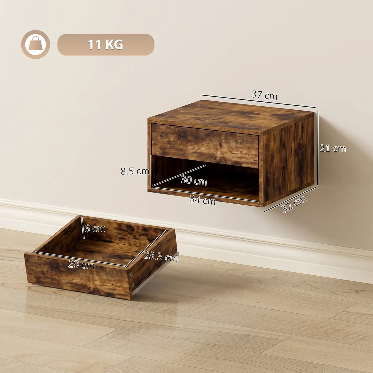 HOMCOM Set of 2 Floating Bedside Tables with Drawer and Open Shelf – Wall-Mounted Nightstands, Rustic Brown