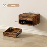HOMCOM Set of 2 Floating Bedside Tables with Drawer and Open Shelf – Wall-Mounted Nightstands, Rustic Brown