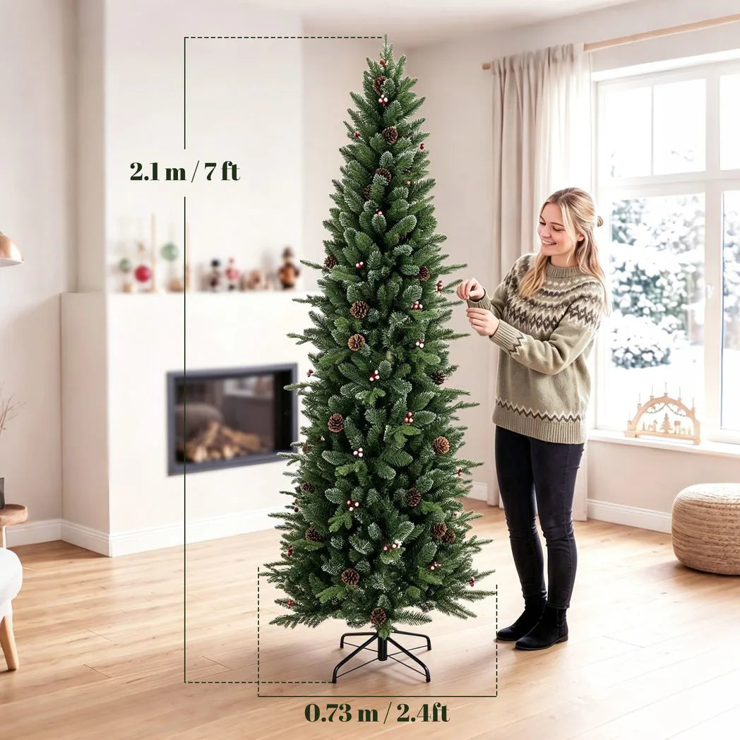 HOMCOM 7ft Slim Artificial Christmas Tree, Gracious Pine with 904 Tips, Pine Cones and Berries, Green