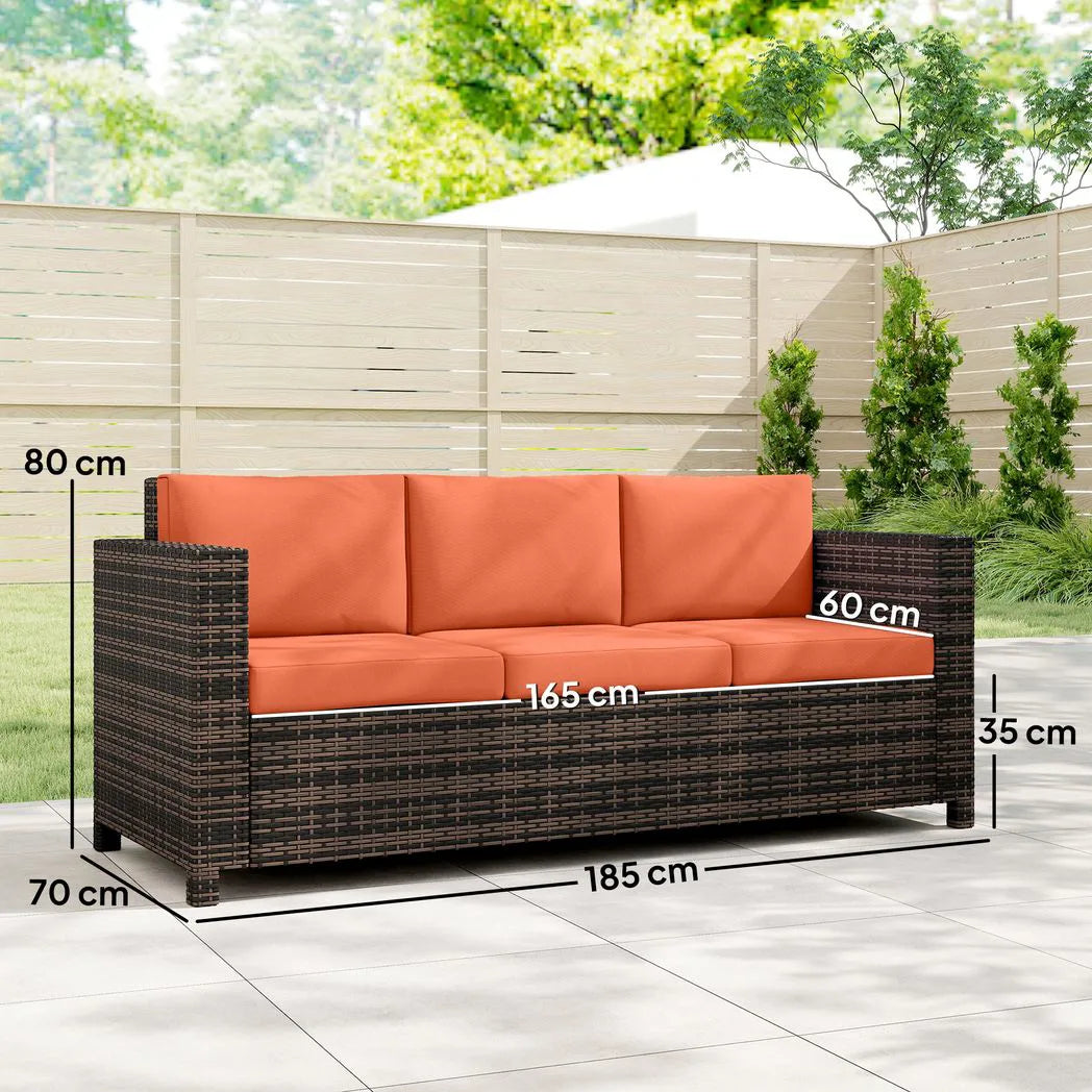 Outsunny 3-Seater Rattan Garden Sofa – Weather-Resistant Outdoor Sofa with Cushions, Orange