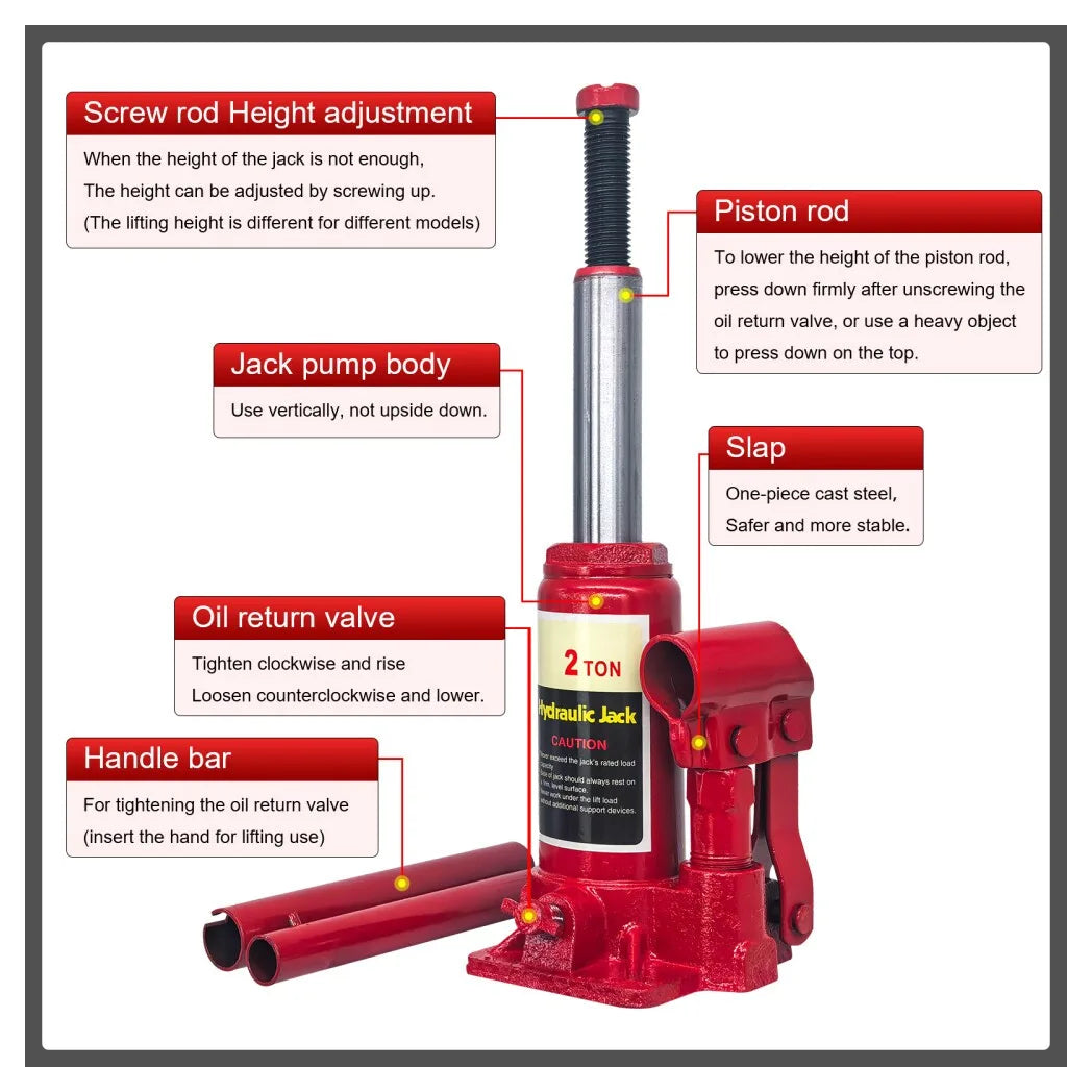 Hydraulic Bottle Jack 2 Tonne with Overload Safety Valve – High Lift for Car, Van, Trailer & Boat, Red