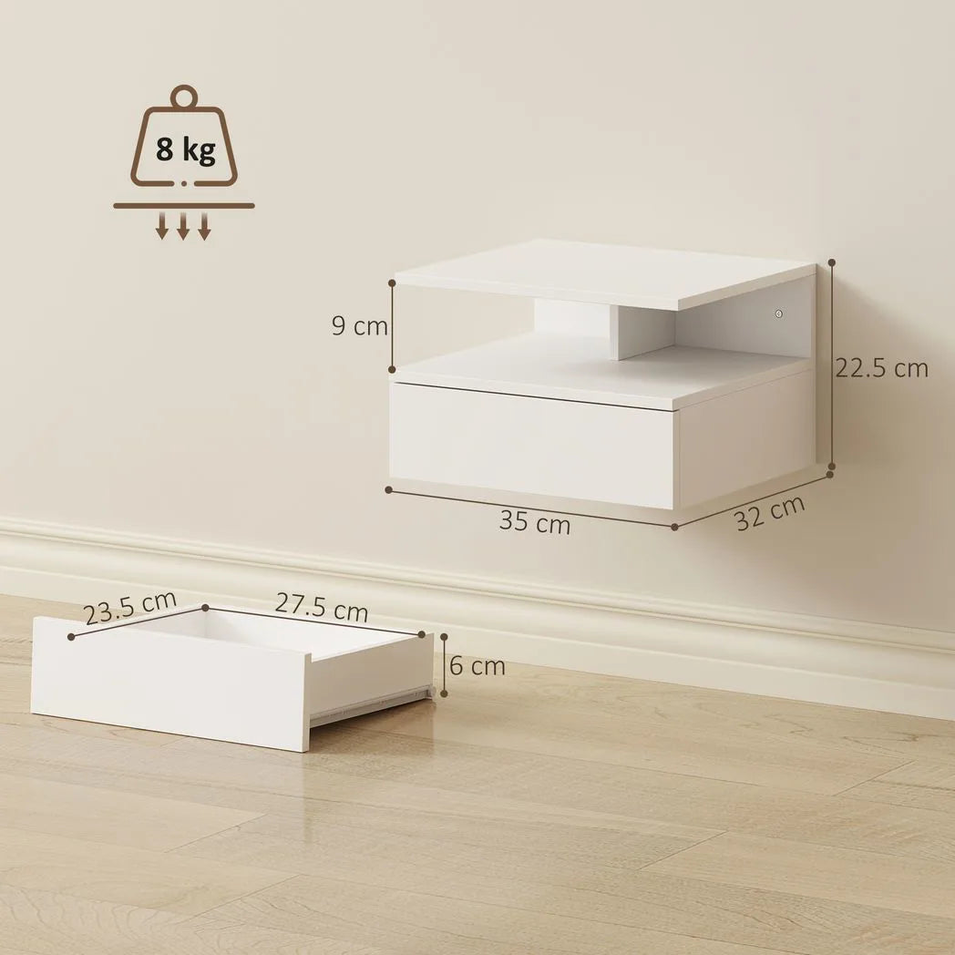 HOMCOM Set of Two Floating Bedside Tables with Handle-Free Drawer & Open Shelf – Wall-Mounted Nightstands, White