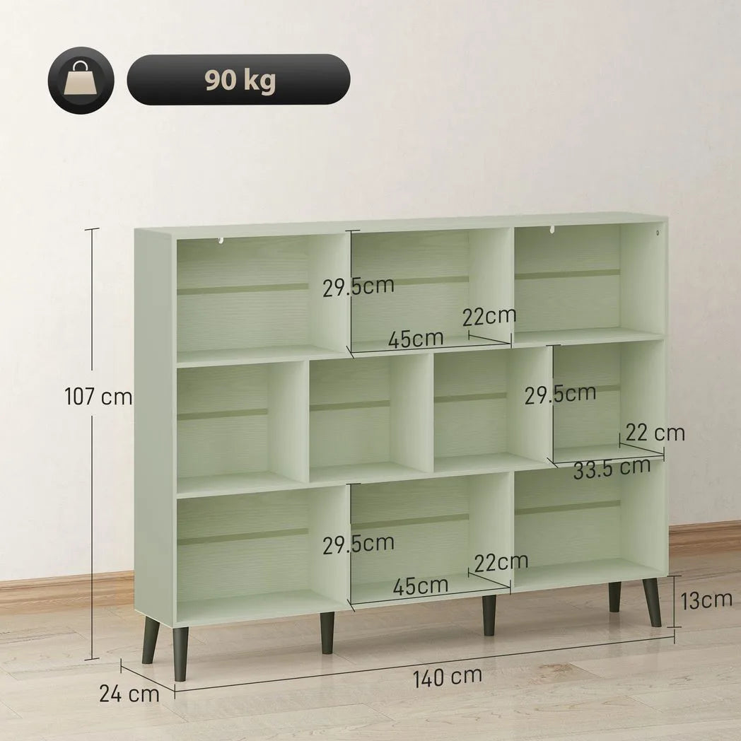 HOMCOM 10-Cube Bookcase with Solid Pine Legs & Anti-Tip Kit – 140 cm Nordic Bookshelf, Light Green