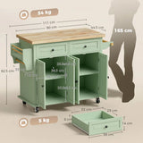 HOMCOM Rolling Kitchen Island with Rubberwood Top, Drawers & Cabinets – Dining Room Storage Trolley, Light Green
