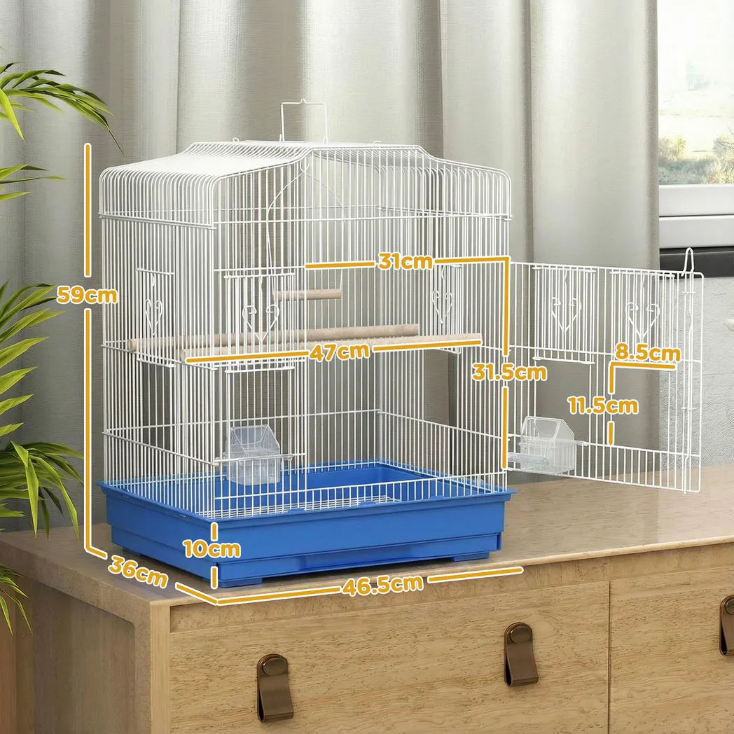 PawHut Large Metal Bird Cage with Perches, Feeders and Swing – For Budgies, Parakeets and Finches, Blue