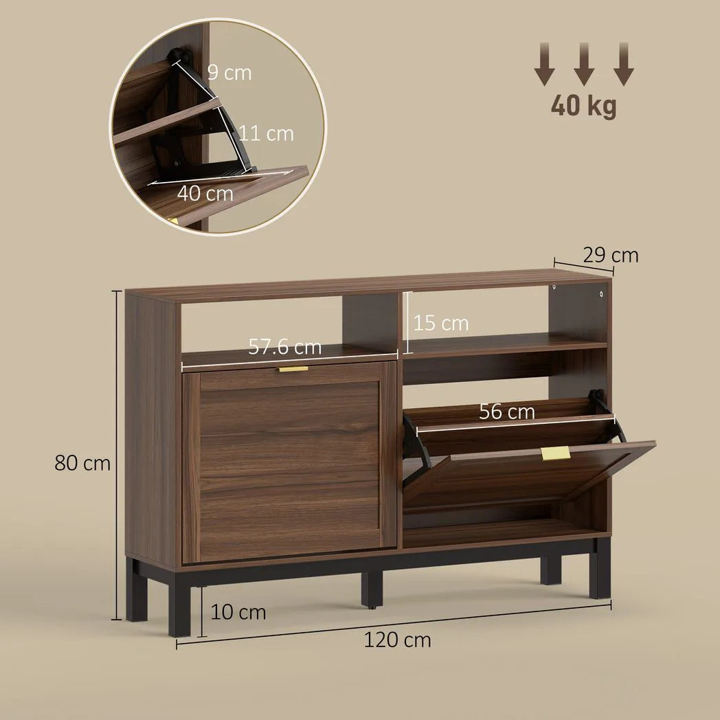 HOMCOM Narrow Shoe Cabinet with 2 Flip Drawers & Open Shelves – Rustic Brown