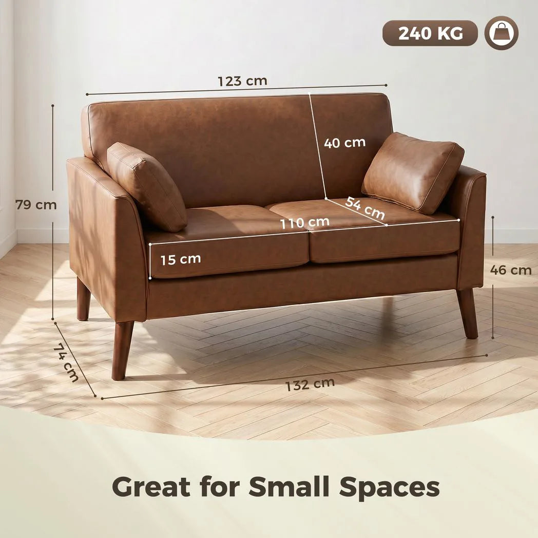 HOMCOM 2 Seater Sofa, 132 cm Small Loveseat with Solid Wood Legs and 2 Pillows – PU Leather Couch for Small Spaces, Brown